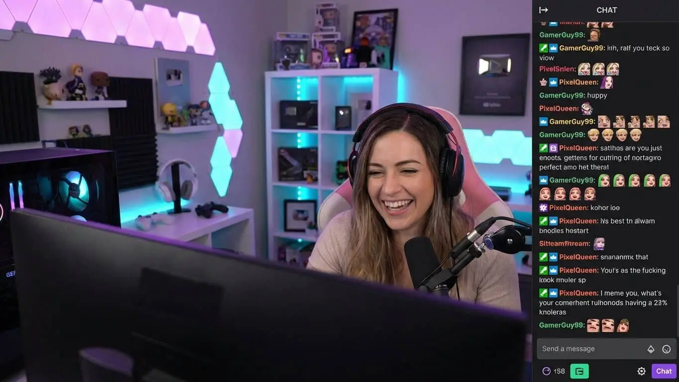 A woman wearing headphones and sitting at a desk streams live, smiling at her monitor, with colorful LED lights and gaming equipment in the background. Viewer chat is visible on screen as she discusses ideas for fun streamer names using a Twitch Name Generator. Uploaded on aifreeforever.com