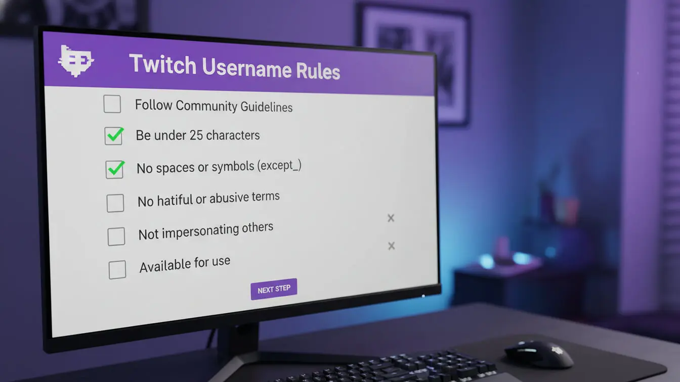A computer monitor displays Twitch username rules for streamers in 2026, highlighting guidelines on character limits, symbols, hateful terms, impersonation, and availability—some rules are checked while others are marked with an X. Uploaded on aifreeforever.com