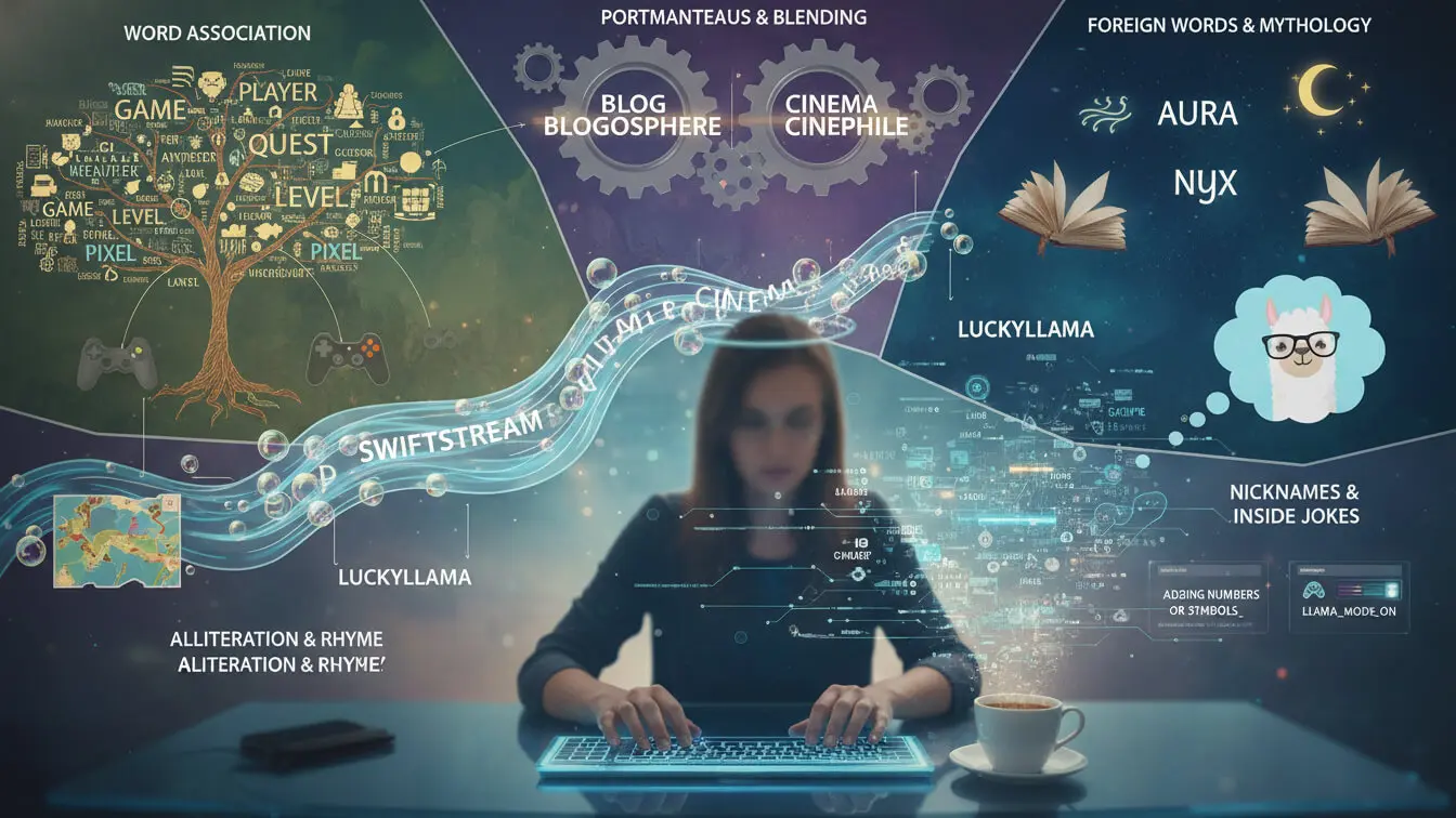 A woman types at a desk with a coffee cup, surrounded by holographic graphics depicting topics like gaming, streamers, film, language, Twitch Username ideas, nicknames, mythology, and hints of 2026 trends. Uploaded on aifreeforever.com