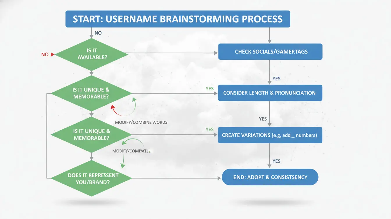 A flowchart outlining the 2026 Twitch Username brainstorming process for streamers, covering steps like availability, uniqueness, memorability, brand fit, and creating or choosing a final username. Uploaded on aifreeforever.com