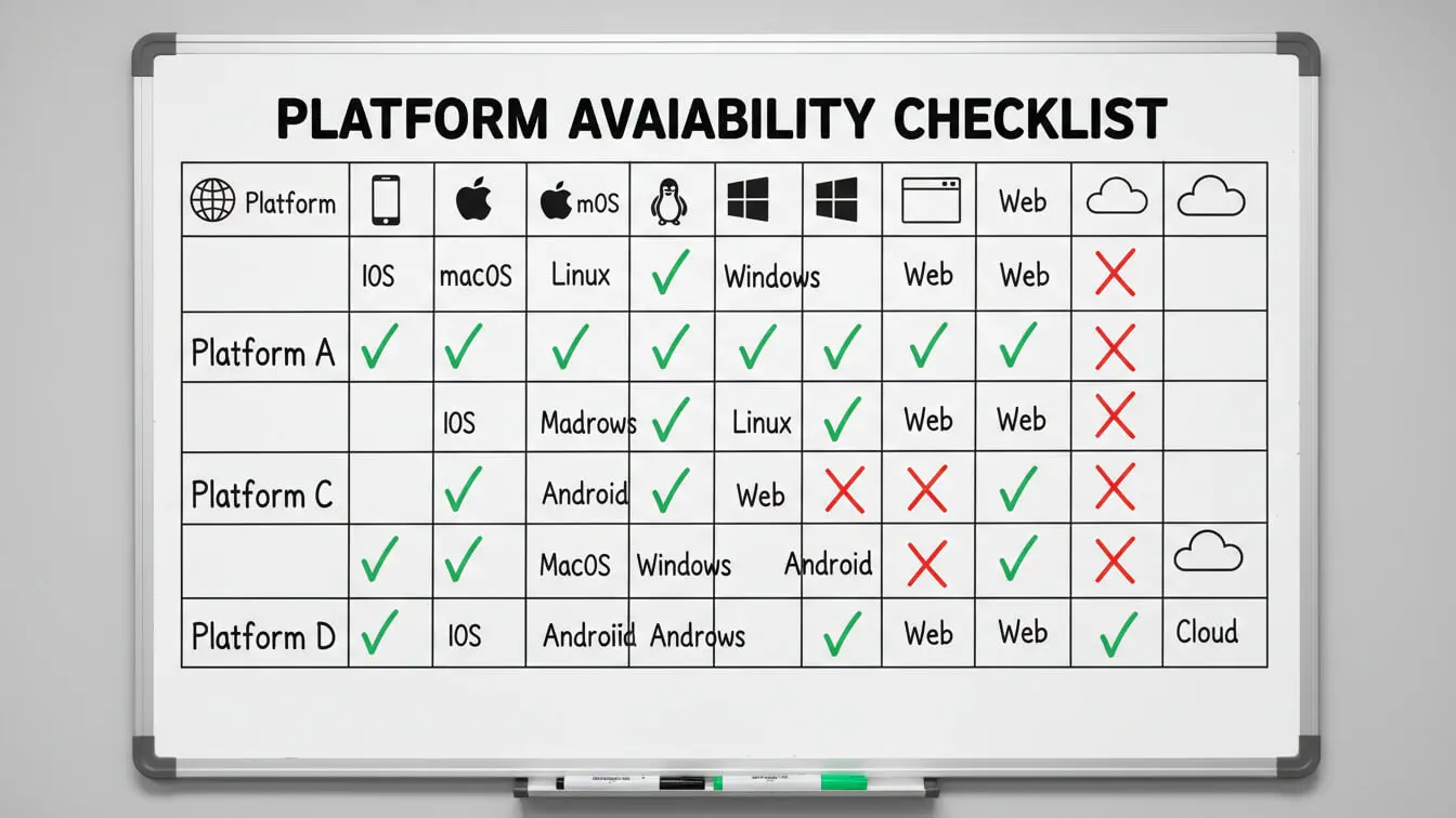 A checklist on a whiteboard compares platform availability for Platforms A, B, C, and D across iOS, macOS, Linux, Windows, Android, Web, and Cloud with ticks and crosses—a handy 2026 guide for streamers choosing their next Twitch username. Uploaded on aifreeforever.com