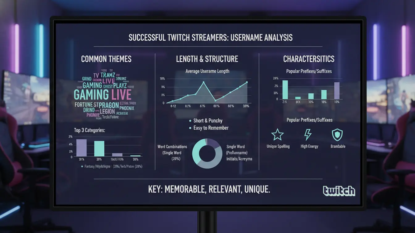 A screen displays graphs and charts analyzing successful Twitch username trends among streamers, highlighting common themes, name length, structure, and popular characteristics heading into 2026. Uploaded on aifreeforever.com