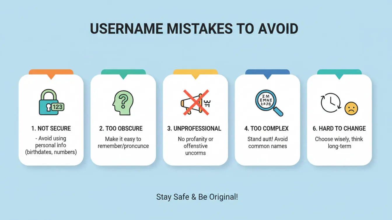 Infographic guide for streamers: Six Twitch username mistakes to avoid—like being unprofessional or too complex—with quick tips under each. Blue background. Perfect for anyone planning ahead for 2026!. Uploaded on aifreeforever.com