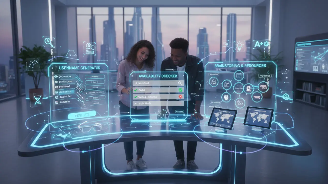 Two people stand at a digital workstation with holographic screens displaying Twitch Username generators, availability checkers, brainstorming tools for streamers, and global maps in a modern office with city views. Uploaded on aifreeforever.com