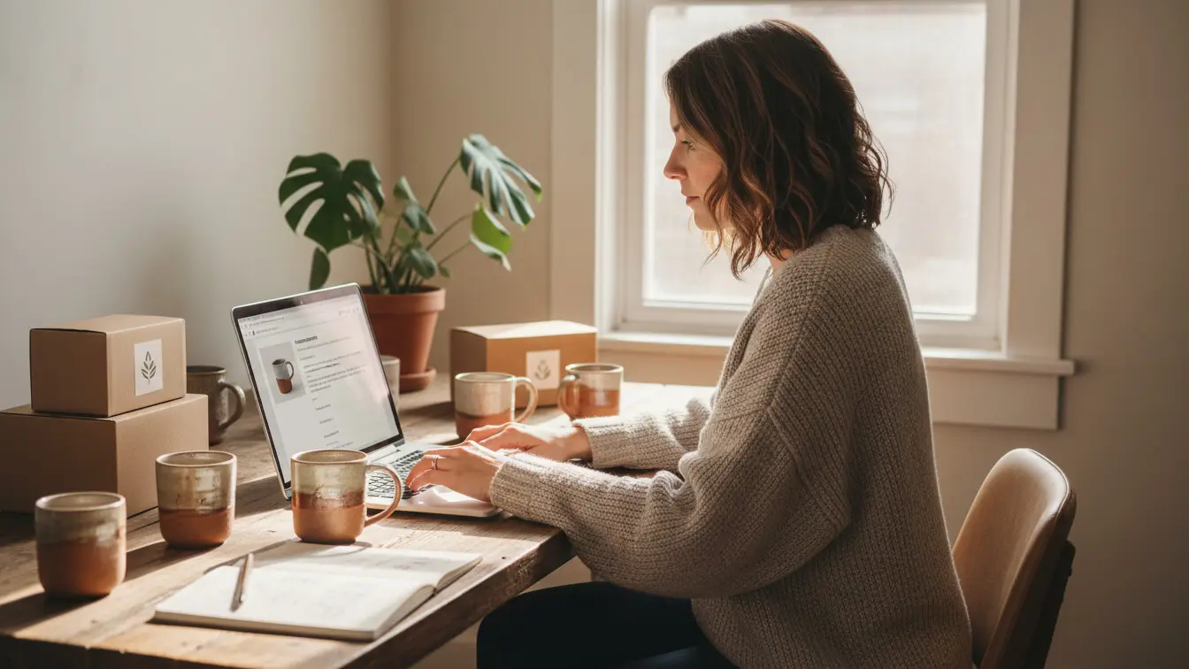 A woman sits at a wooden desk working on a laptop, crafting a Shopify product description, surrounded by mugs, cardboard boxes, a notebook with writing tips, and a potted plant in a well-lit room. Uploaded on aifreeforever.com