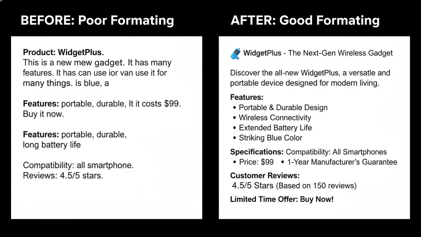 Side-by-side comparison of poor and good shopify product description formatting. The right side uses headings, bullet points, and bold text—following 2026 writing tips for clarity—while the left side is plain text. Uploaded on aifreeforever.com