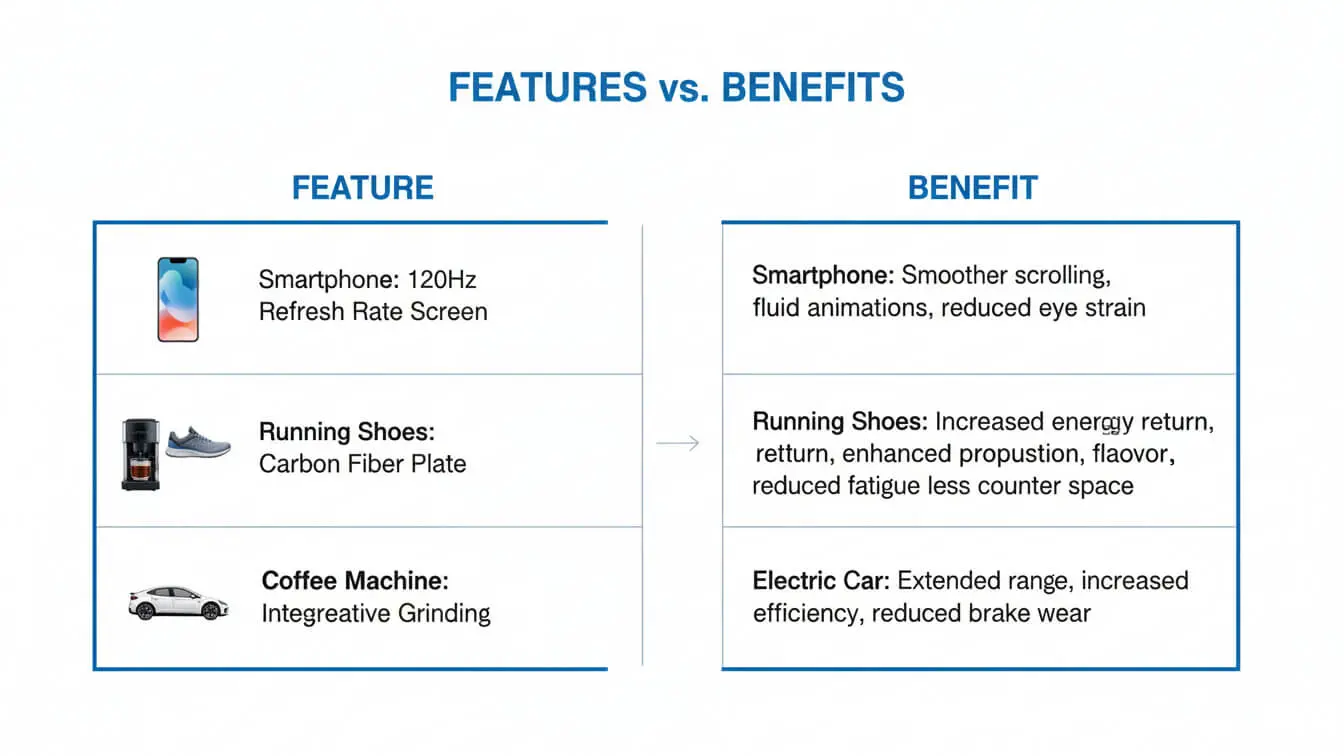 A comparison chart lists features and benefits for a smartphone, running shoes, coffee machine, and electric car—ideal inspiration for your 2026 Shopify product description or when looking for writing tips. Uploaded on aifreeforever.com