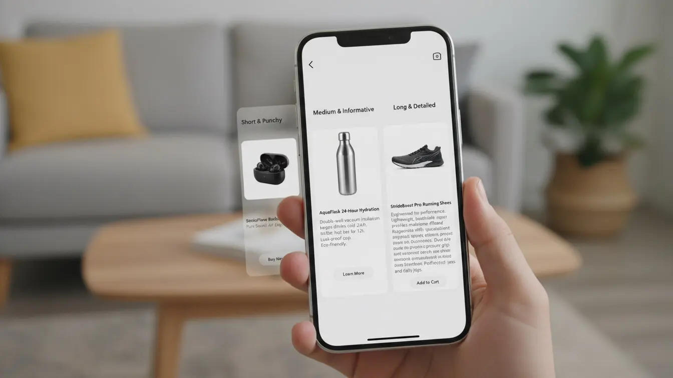 A hand holds a smartphone displaying an online shopping app with product listings and clear product descriptions for wireless earbuds, a water bottle, and running shoes. A blurred sofa and table are in the background. Uploaded on aifreeforever.com
