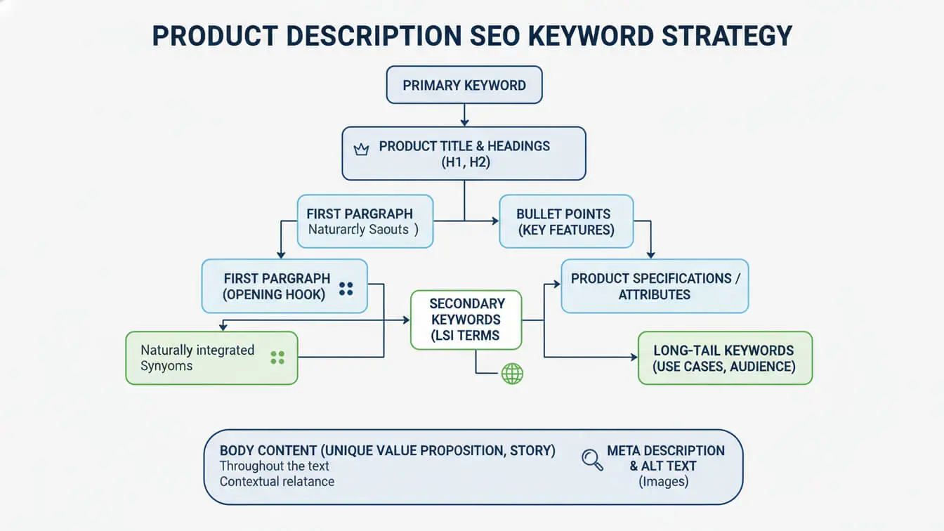 A flowchart outlining a Shopify product description SEO keyword strategy for 2026, detailing keyword placement in headings, paragraphs, bullet points, body content, and meta descriptions with essential writing tips. Uploaded on aifreeforever.com