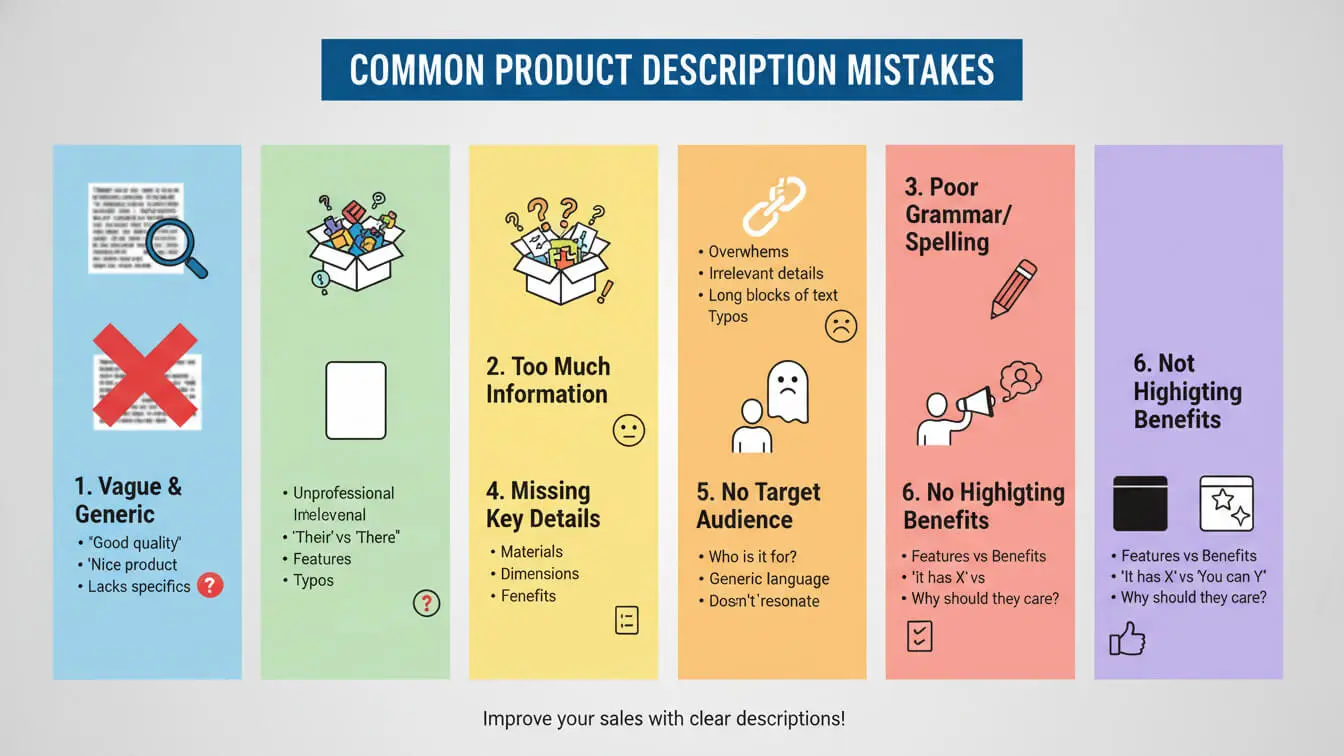 An infographic titled Common Product Description Mistakes lists six errors—vague, too much info, missing key details, poor grammar, no target audience, and no highlighting of benefits—with icons and 2026 writing tips for a standout Shopify product description. Uploaded on aifreeforever.com