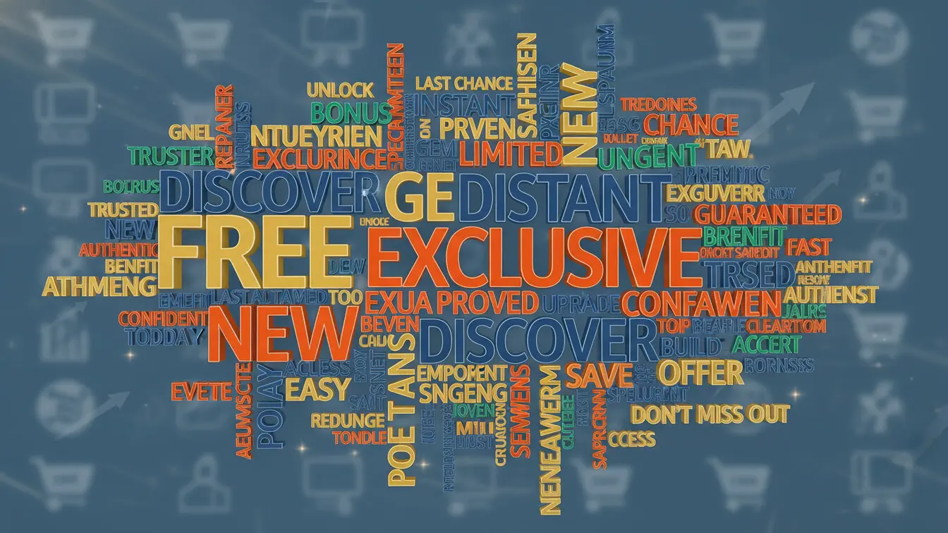 Word cloud featuring marketing terms like “Free,” “Exclusive,” and “New” against a blue background with shopping cart icons—perfect inspiration for Shopify product description writing in 2026. Uploaded on aifreeforever.com