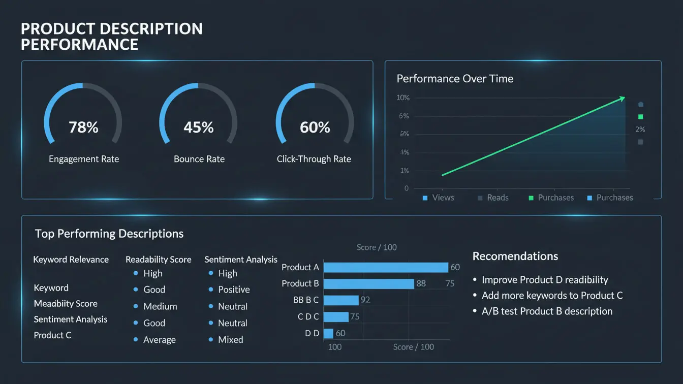 Dashboard displaying product performance metrics like engagement rate, bounce rate, click-through rate, a performance graph, top product descriptions, sentiment analysis, and recommendations—ideal for Shopify stores seeking actionable writing tips. Uploaded on aifreeforever.com