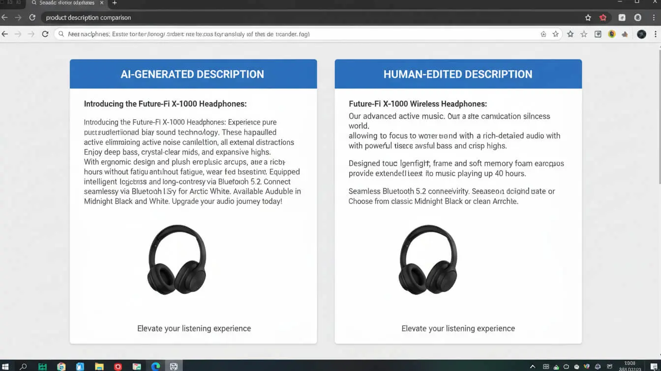 A comparison of AI-generated and human-edited product description writing for wireless headphones, each with a product image and text in separate boxes on a Shopify screen, showcasing trends expected through 2026. Uploaded on aifreeforever.com