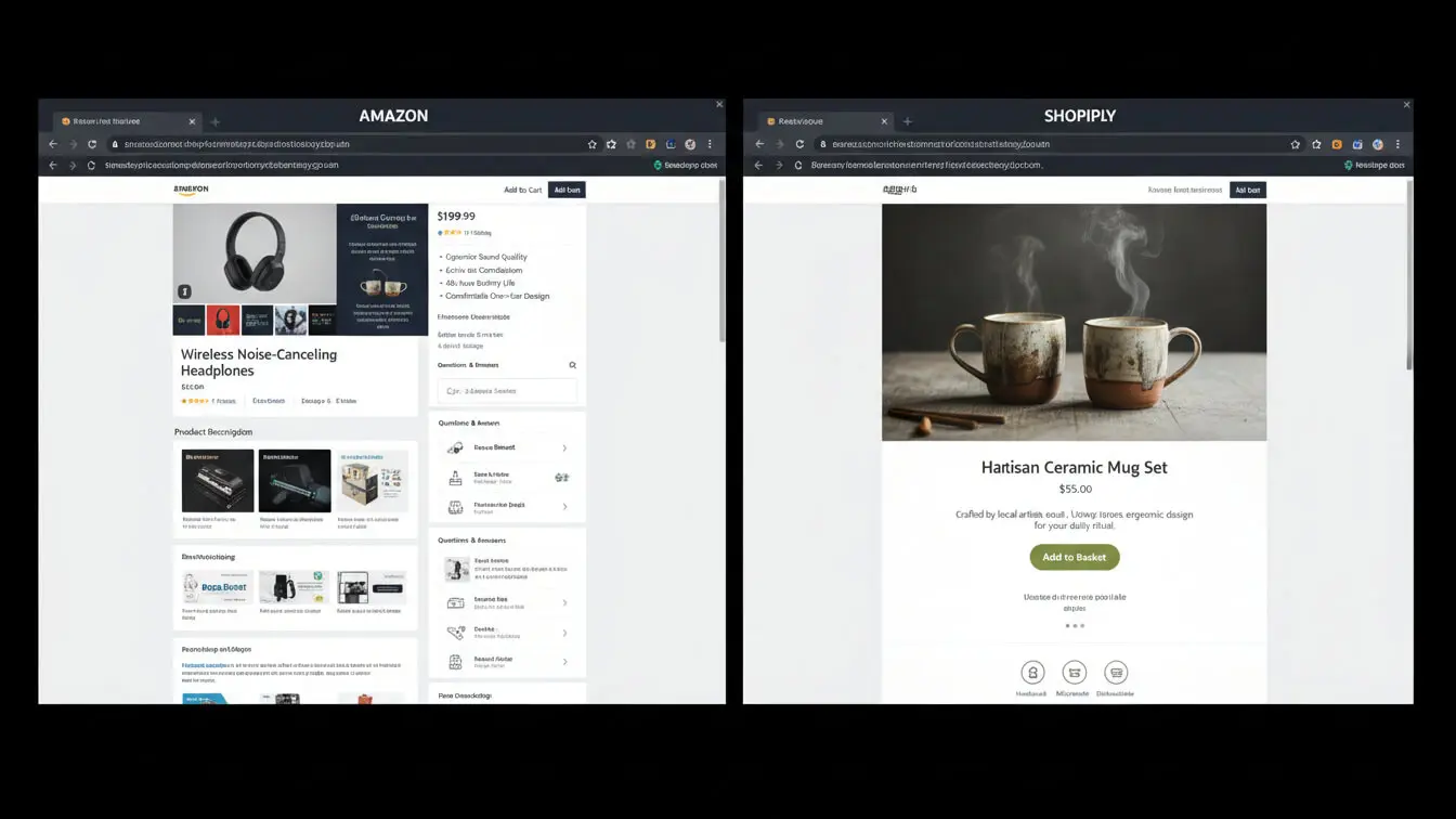 Side-by-side computer screens show Amazon’s product page for headphones on the left and a Shopify product description for a ceramic mug set on the right, illustrating effective writing tips for 2026 e-commerce trends. Uploaded on aifreeforever.com
