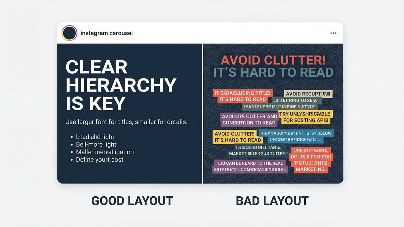 A comparison of good and bad layout examples for Instagram Carousel Posts, highlighting that clear hierarchy with simple text is key. Cluttered, colorful text blocks hinder storytelling and are hard to read. Uploaded on aifreeforever.com