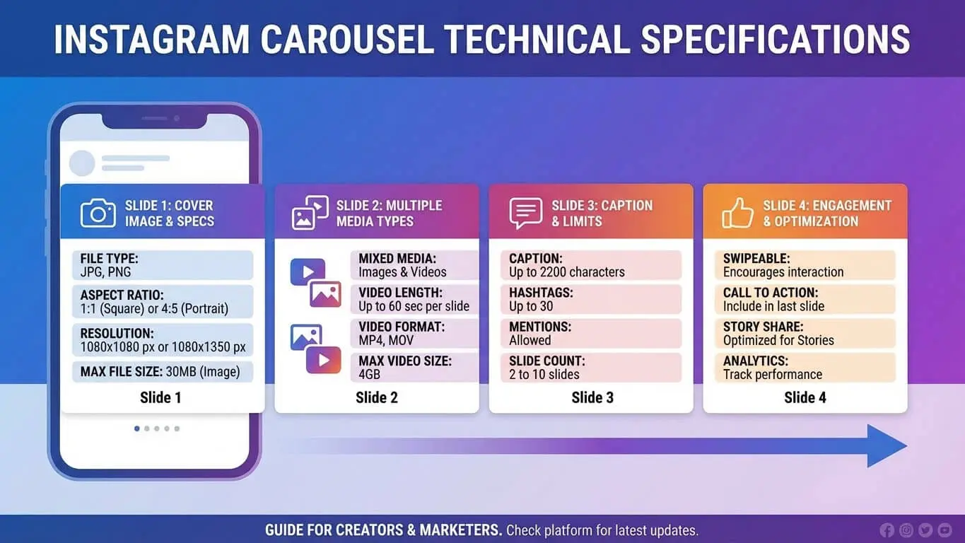 Instagram Carousel Posts infographic: details file types, aspect ratios, image/video limits, caption/hashtag rules, and engagement features—everything you need for effective storytelling in your carousels. Uploaded on aifreeforever.com