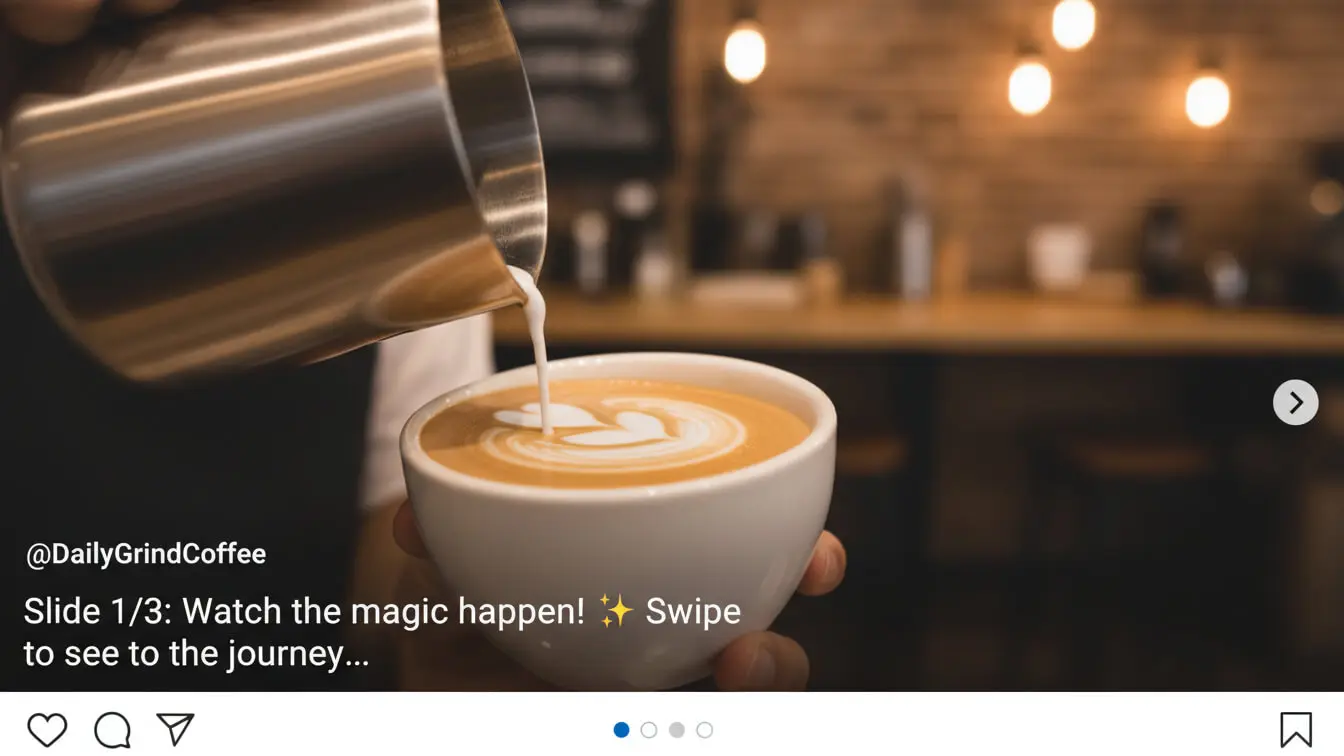 A hand pours steamed milk into a cup of coffee, creating latte art in a café setting with blurred lights—perfect for Instagram Carousel Posts that capture the artistry and storytelling behind every cup. Uploaded on aifreeforever.com