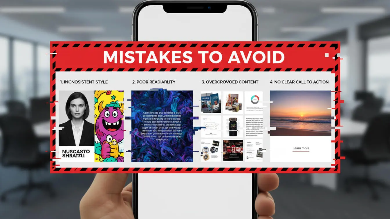 A hand holds a smartphone displaying an Instagram Carousel Post titled Mistakes to Avoid, listing four issues: inconsistent style, poor readability, overcrowded content, and no clear call to action. Uploaded on aifreeforever.com