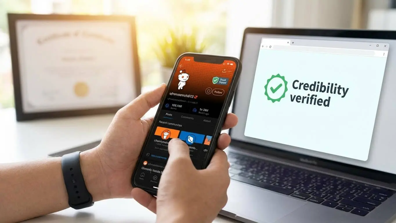 Person holding a smartphone displaying a Reddit 2026 profile; a laptop nearby shows a screen with the text Credibility verified and a green checkmark icon. Uploaded on aifreeforever.com