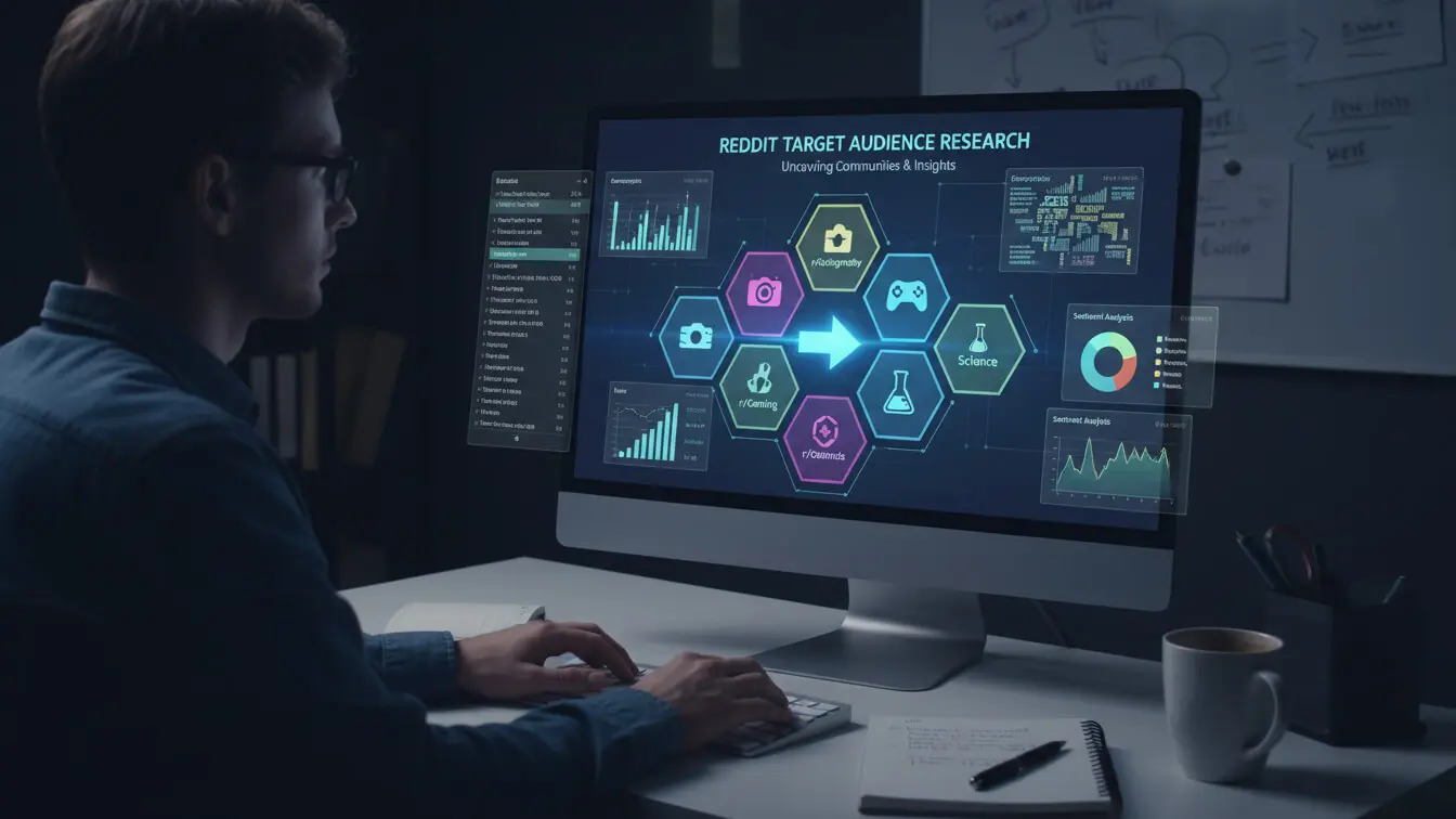 A person sits at a desk using a computer displaying data visualizations and charts while researching how to sell on Reddit and get backlinks for effective Reddit 2026 strategies. Uploaded on aifreeforever.com