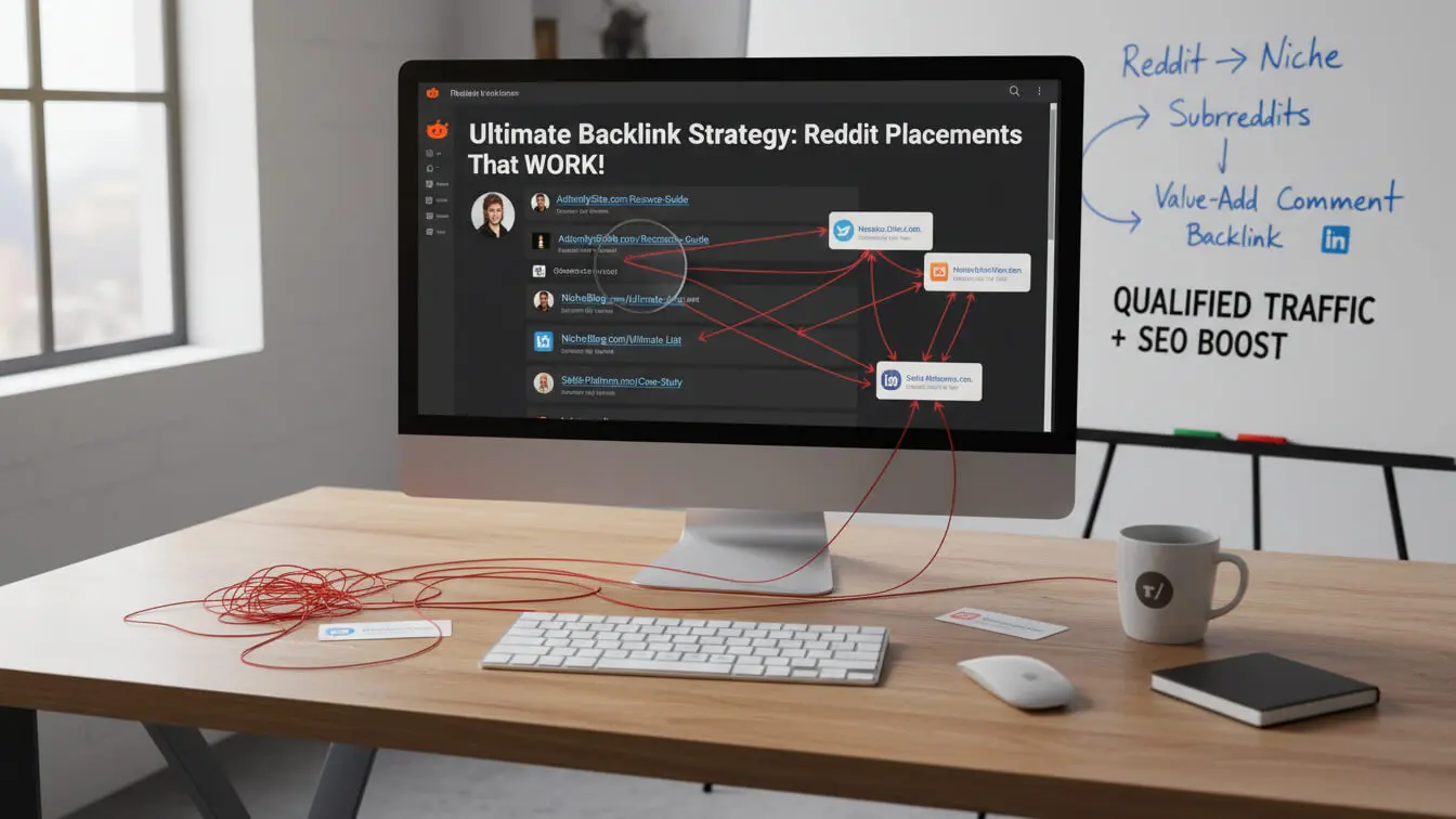 A computer on a desk displays a Reddit 2026 backlink strategy; red string links notes on the screen and desk to related notes. A whiteboard diagram explains how to get backlinks, drive Reddit traffic, and boost SEO. Uploaded on aifreeforever.com