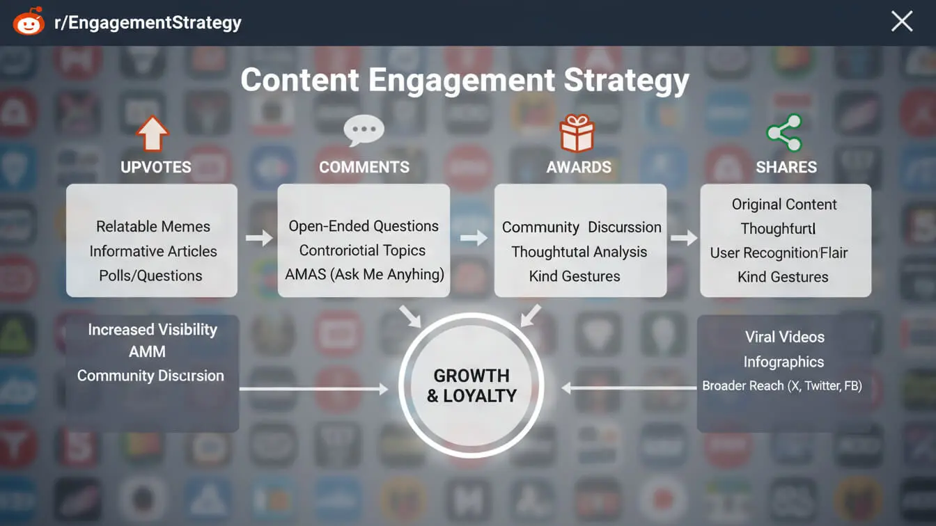 Flowchart illustrating a content engagement strategy for Reddit 2026, highlighting upvotes, comments, awards, shares, and ways to get backlinks as pathways to growth and loyalty. Uploaded on aifreeforever.com