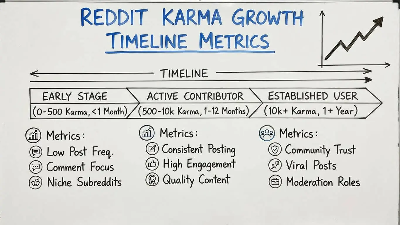 A chart titled Reddit Karma Growth Timeline Metrics showing three user stages, key metrics for each—including how to get backlinks—and a rising line graph indicating growth, perfect for those aiming to sell on Reddit or prepare for Reddit 2026. Uploaded on aifreeforever.com