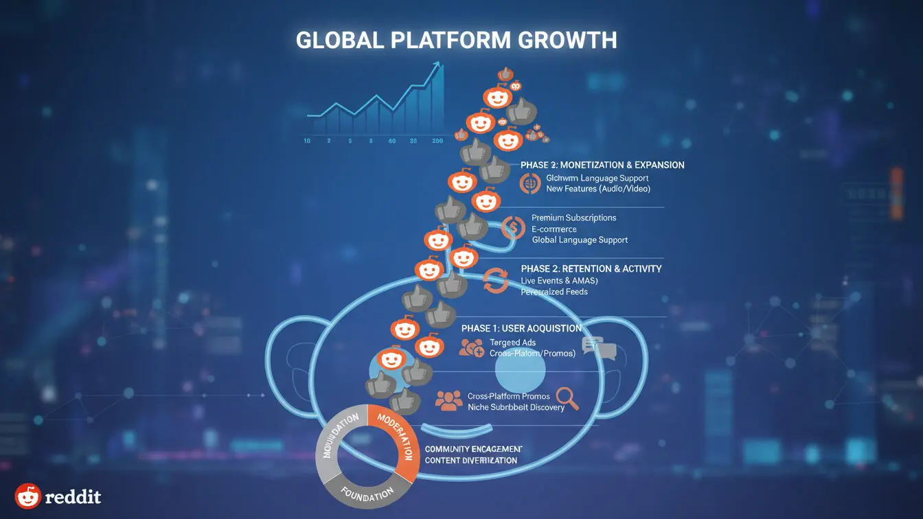 Infographic showing Reddit’s global platform growth phases: user acquisition, retention, monetization, and expansion—with icons, a growth chart, and tips on how to sell on Reddit—all set against a blue background. Uploaded on aifreeforever.com