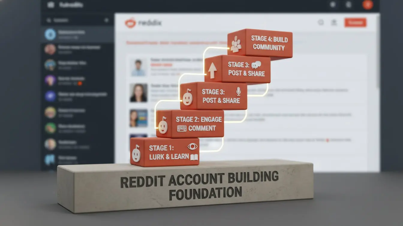 A 3D infographic illustrates the Reddit Account Building Foundation—with four ascending stages: Lurk & Learn, Engage & Comment, Post & Share, and Build Community—to help you get backlinks or prepare to sell on Reddit by 2026. Uploaded on aifreeforever.com