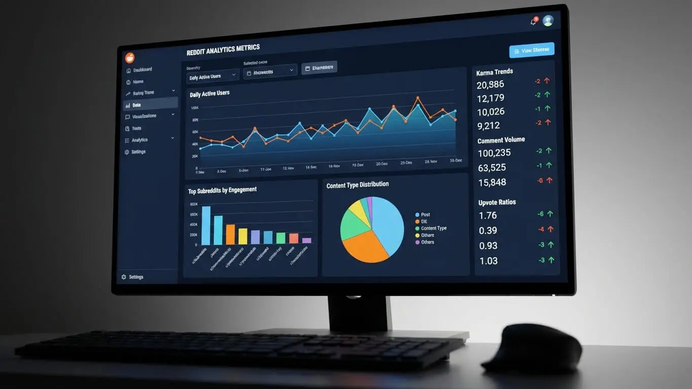 A computer monitor displays a data analytics dashboard with line graphs, bar charts, a pie chart, and numerical statistics tracking user activity and engagement for those aiming to sell on Reddit or get backlinks in 2026. Uploaded on aifreeforever.com
