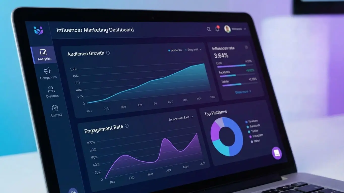 A laptop screen displays an influencer marketing dashboard with graphs showing audience growth, engagement rate, influencer rate, and a pie chart of top platforms using advanced influencer tools. Uploaded on aifreeforever.com