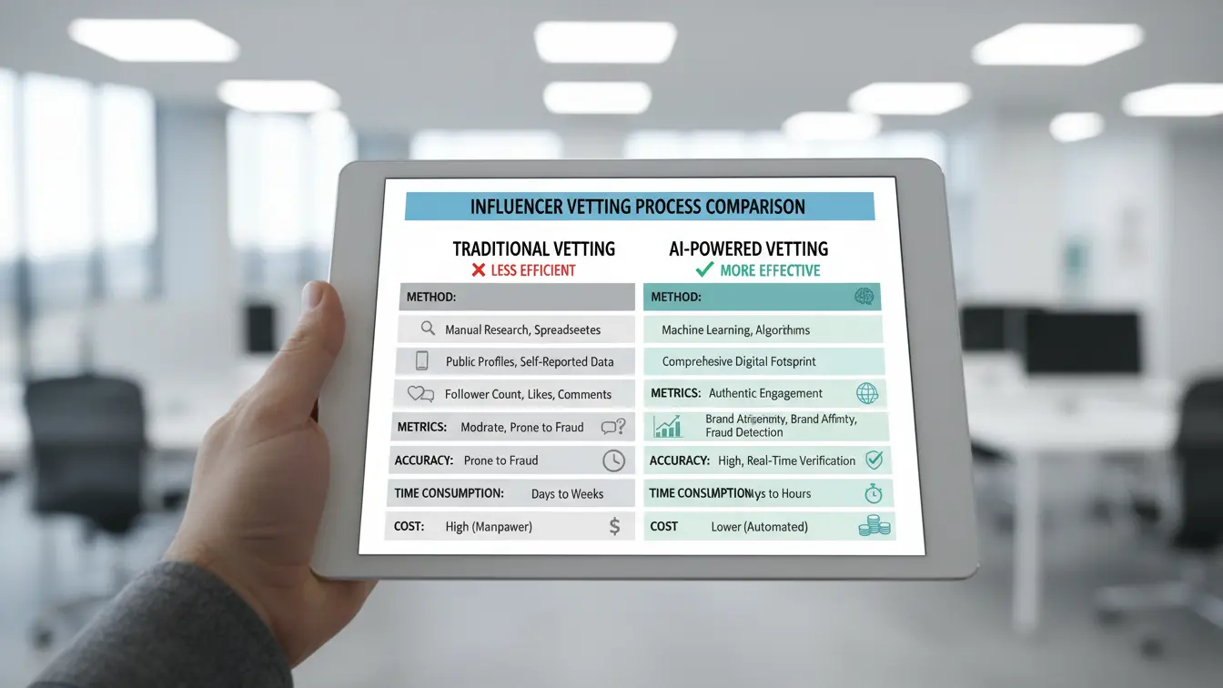 A person holds a tablet displaying a comparison chart between traditional vetting and AI-powered influencer tools for influencer marketing, highlighting methods, metrics, accuracy, speed, and cost. Uploaded on aifreeforever.com