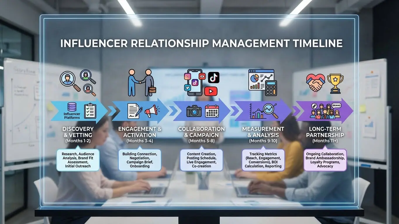 A timeline graphic outlines five phases of influencer marketing management, detailing activities and icons for each stage from discovery to long-term partnership. Uploaded on aifreeforever.com