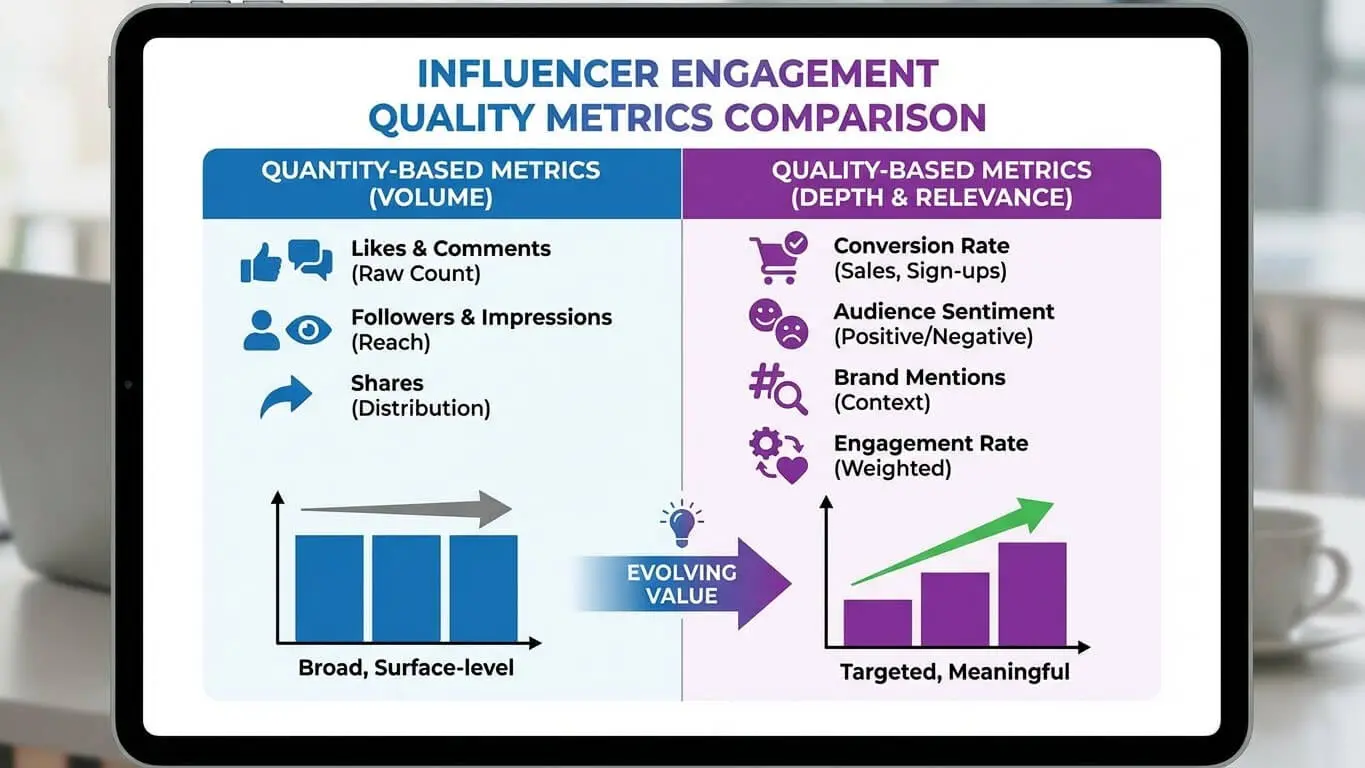 A tablet displays a comparison chart of influencer engagement metrics, contrasting quantity-based metrics on the left with quality-based metrics on the right, helping identify the best influencers for successful influencer campaigns. Uploaded on aifreeforever.com