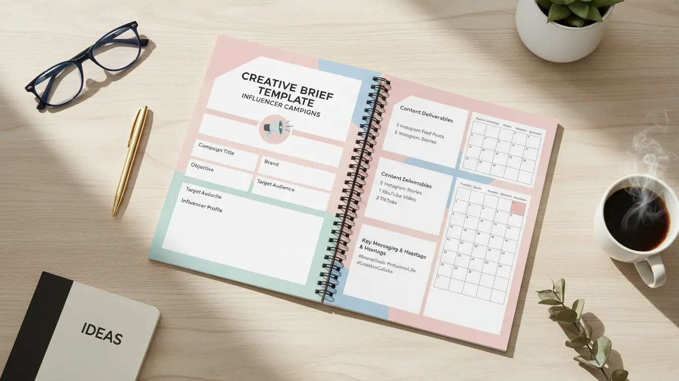 An open spiral notebook shows a creative brief template and calendar, beside a cup of coffee, glasses, pen, potted plant, and a closed notebook labeled IDEAS—perfect for planning influencer campaigns on your wooden desk. Uploaded on aifreeforever.com