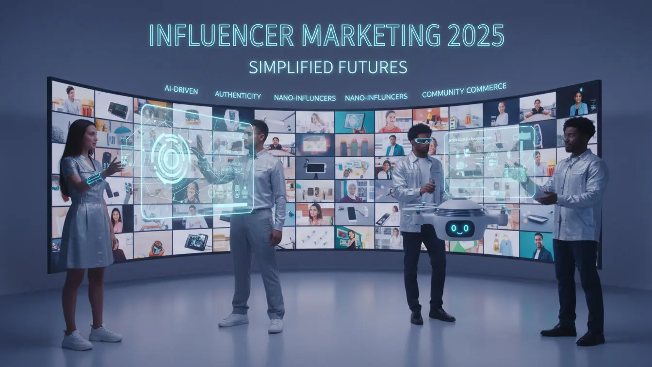 Four people interact with virtual screens in a futuristic room, while Influencer Marketing 2025 and related terms like influencer tools appear on a curved digital display behind them. Projected images enhance the high-tech atmosphere. Uploaded on aifreeforever.com