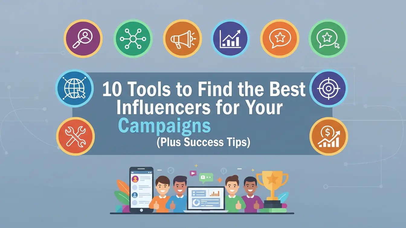 Illustration with the text 10 Tools to Find the Best Influencers for Your Campaigns (Plus Success Tips), surrounded by colorful icons and people using digital devices, highlighting top influencer marketing tools and influencer campaign tips. Uploaded on aifreeforever.com