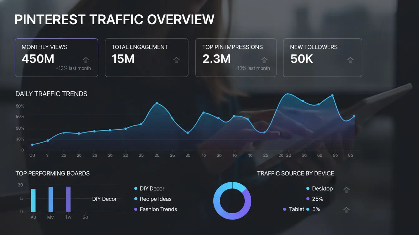 Pinterest traffic overview dashboard for 2026 showing monthly views, engagement, pin impressions, new followers, daily trends graph, top boards, and device-based traffic sources—ideal for refining your Pinterest SEO strategy to drive traffic. Uploaded on aifreeforever.com
