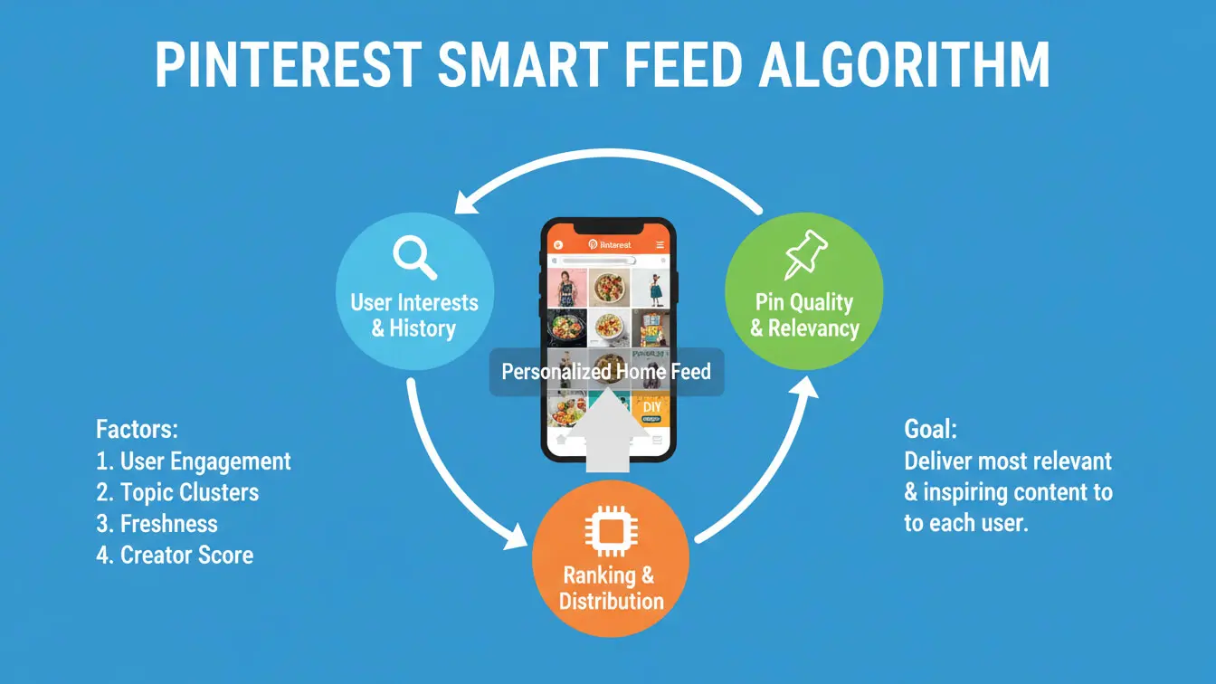 Infographic explaining the Pinterest Smart Feed Algorithm, revealing how user interests, pin quality, and ranking factors drive traffic and personalize the home feed—a key part of a successful Pinterest SEO strategy. Uploaded on aifreeforever.com