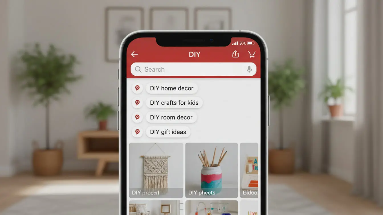 A smartphone displays a DIY app with search results for home decor, crafts for kids, room decor, and gift ideas—showcasing Pinterest 2026 trends—while a living room is blurred in the background. Uploaded on aifreeforever.com