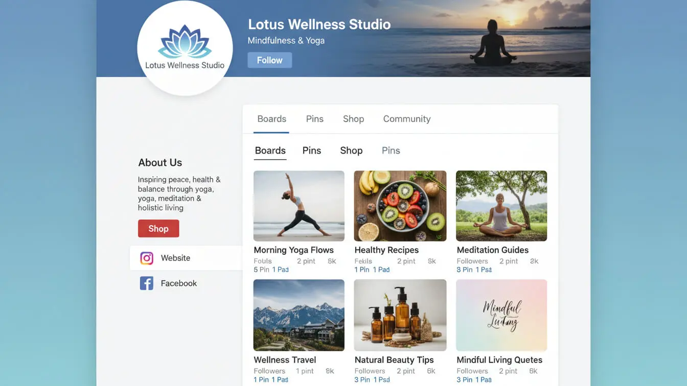 A website profile for Lotus Wellness Studio displays a banner image of a person meditating by water, menu tabs, and board previews optimized with Pinterest SEO to boost visibility for yoga, recipes, travel, beauty tips, and inspiring quotes. Uploaded on aifreeforever.com