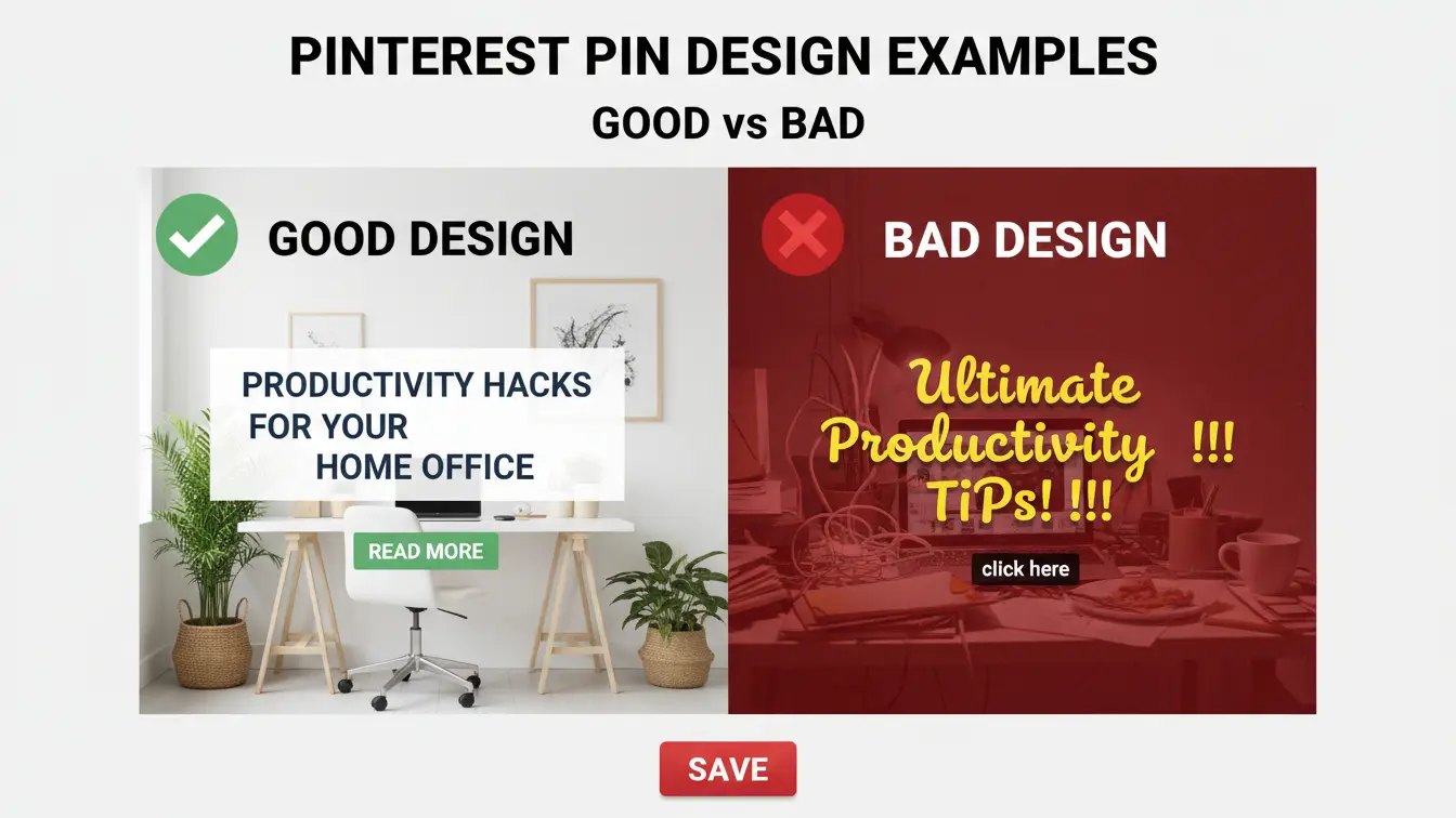 Side-by-side comparison of Pinterest pin designs labeled Good Design with clear text and Bad Design with cluttered, hard-to-read text—essential for your Pinterest strategy to drive website traffic. Uploaded on aifreeforever.com
