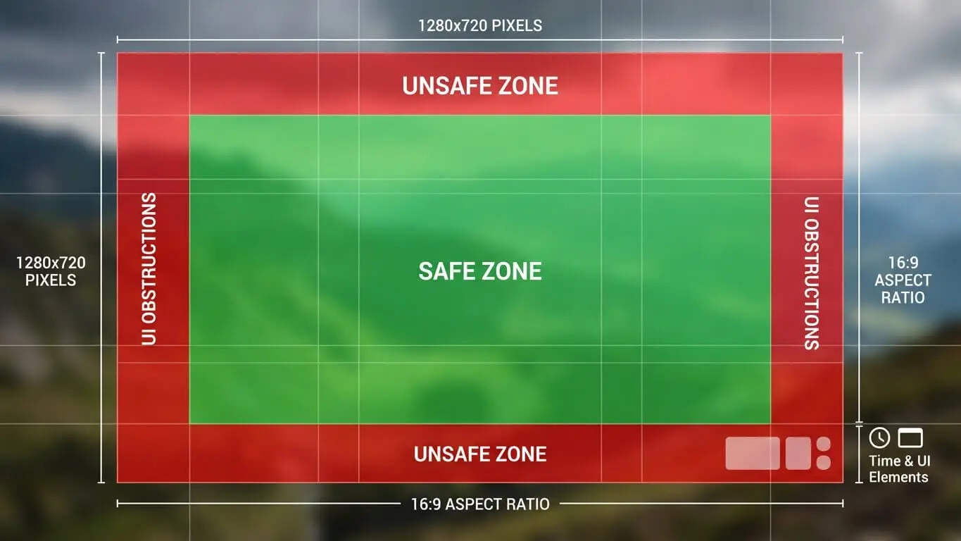 Overlay graphic showing a green safe zone centered on a screen, with red unsafe zones and UI obstructions around the edges, marked by pixel measurements and aspect ratio labels—perfect to create YouTube thumbnails that boost click-through rates. Uploaded on aifreeforever.com