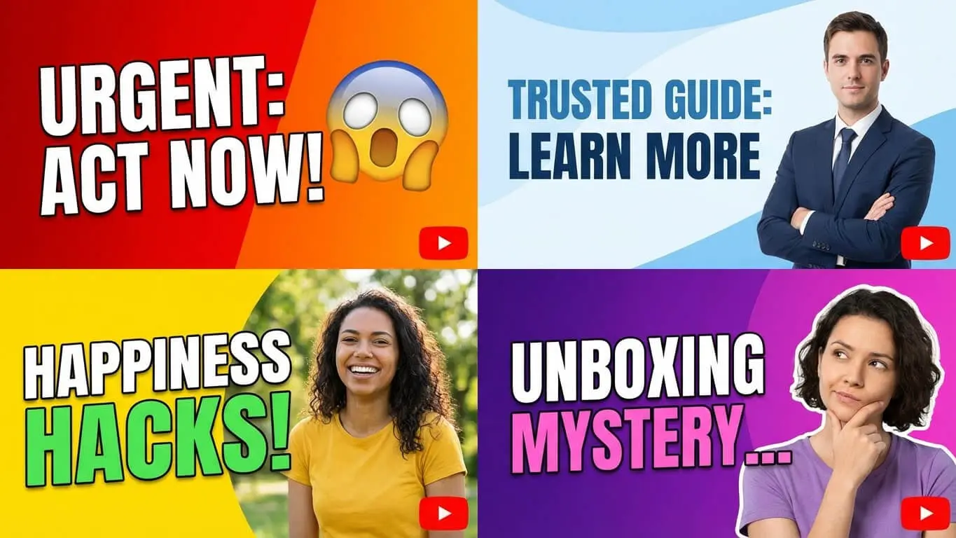 A collage of four colorful YouTube Thumbnails with bold text: Urgent: Act Now!, Trusted Guide: Learn More, Happiness Hacks!, and Unboxing Mystery... designed to help create eye-catching videos and boost click-through rates. Uploaded on aifreeforever.com