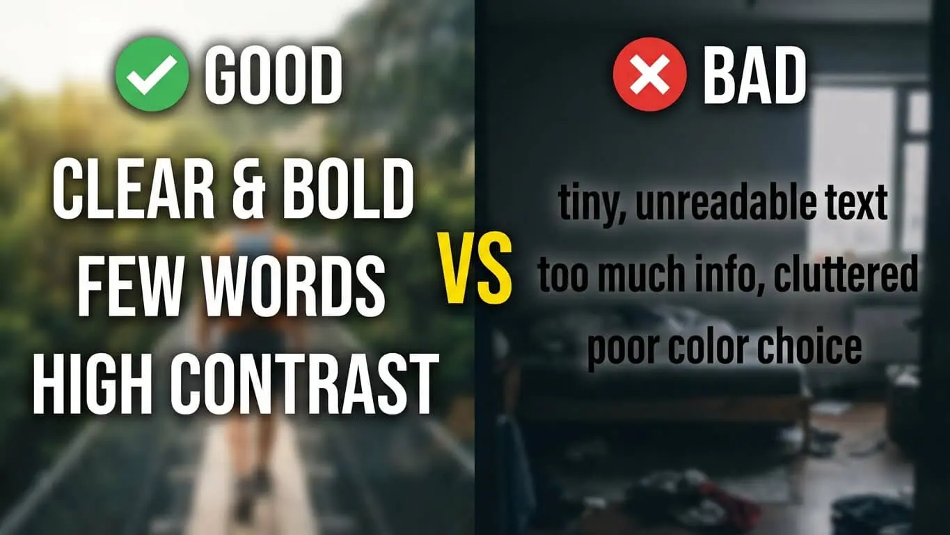 Side-by-side graphic comparing good text design—clear, bold, few words, high contrast—versus bad design—tiny, cluttered, unreadable text and poor color choice. Learn how to create YouTube thumbnails that boost click-through rates. Uploaded on aifreeforever.com