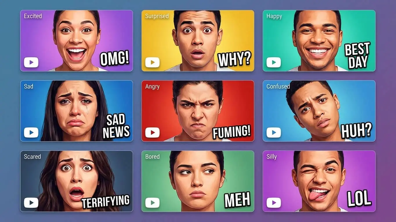 A grid of nine people shows different facial expressions and emotions, labeled as excited, surprised, happy, sad, angry, confused, scared, bored, and silly—perfect to create YouTube thumbnails that boost click-through rates with bold text overlays. Uploaded on aifreeforever.com