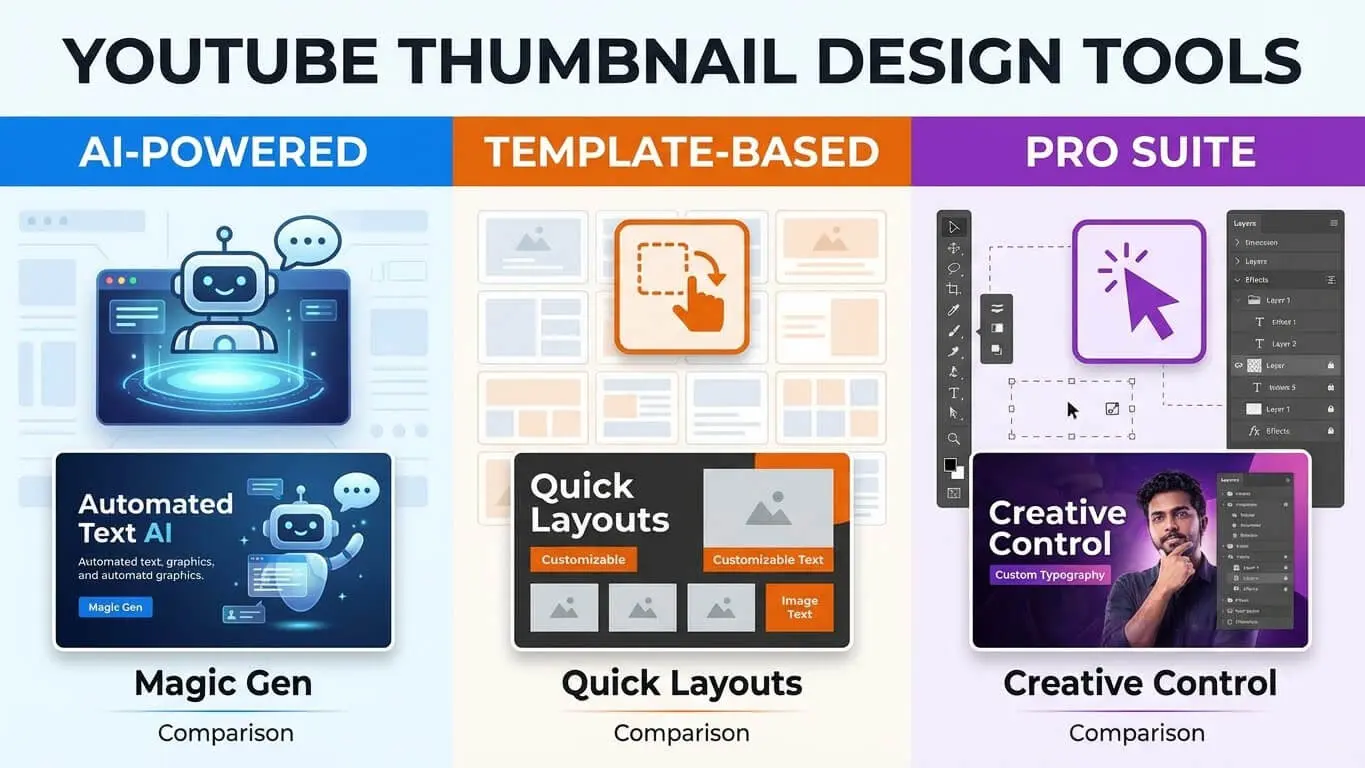 Infographic compares YouTube Thumbnails design tools: AI-powered (Magic Gen), template-based (Quick Layouts), and pro suite (Creative Control) to help you create engaging visuals and boost click-through rates with highlighted features. Uploaded on aifreeforever.com