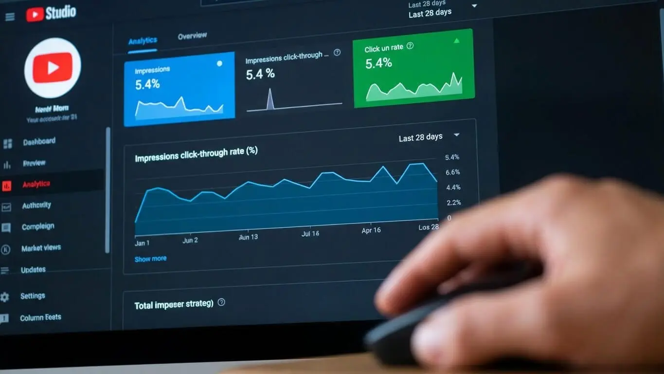 A person uses a computer mouse while viewing YouTube Studio analytics on a monitor, analyzing impression and click-through rates to improve and create YouTube thumbnails. Uploaded on aifreeforever.com
