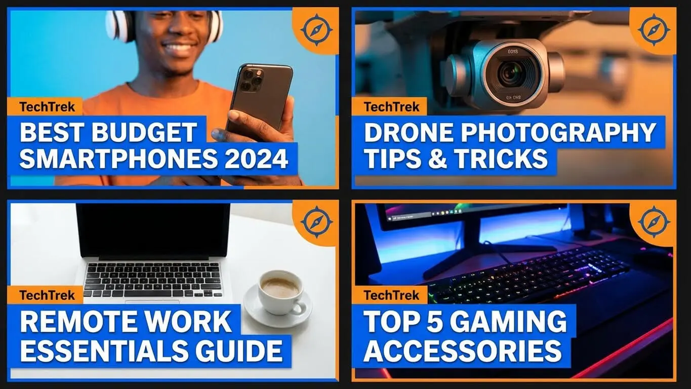 A collage of four eye-catching YouTube Thumbnails from TechTrek—designed to boost Click-Through Rates—shows videos on budget smartphones, drone photography tips, remote work essentials, and top gaming accessories. Uploaded on aifreeforever.com
