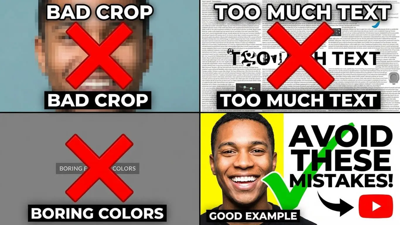 A comparison chart showing three YouTube Thumbnails mistakes—bad crop, too much text, boring colors—next to a CLEAR, colorful thumbnail labeled GOOD EXAMPLE. Learn how to create thumbnails that boost click-through rates. Uploaded on aifreeforever.com